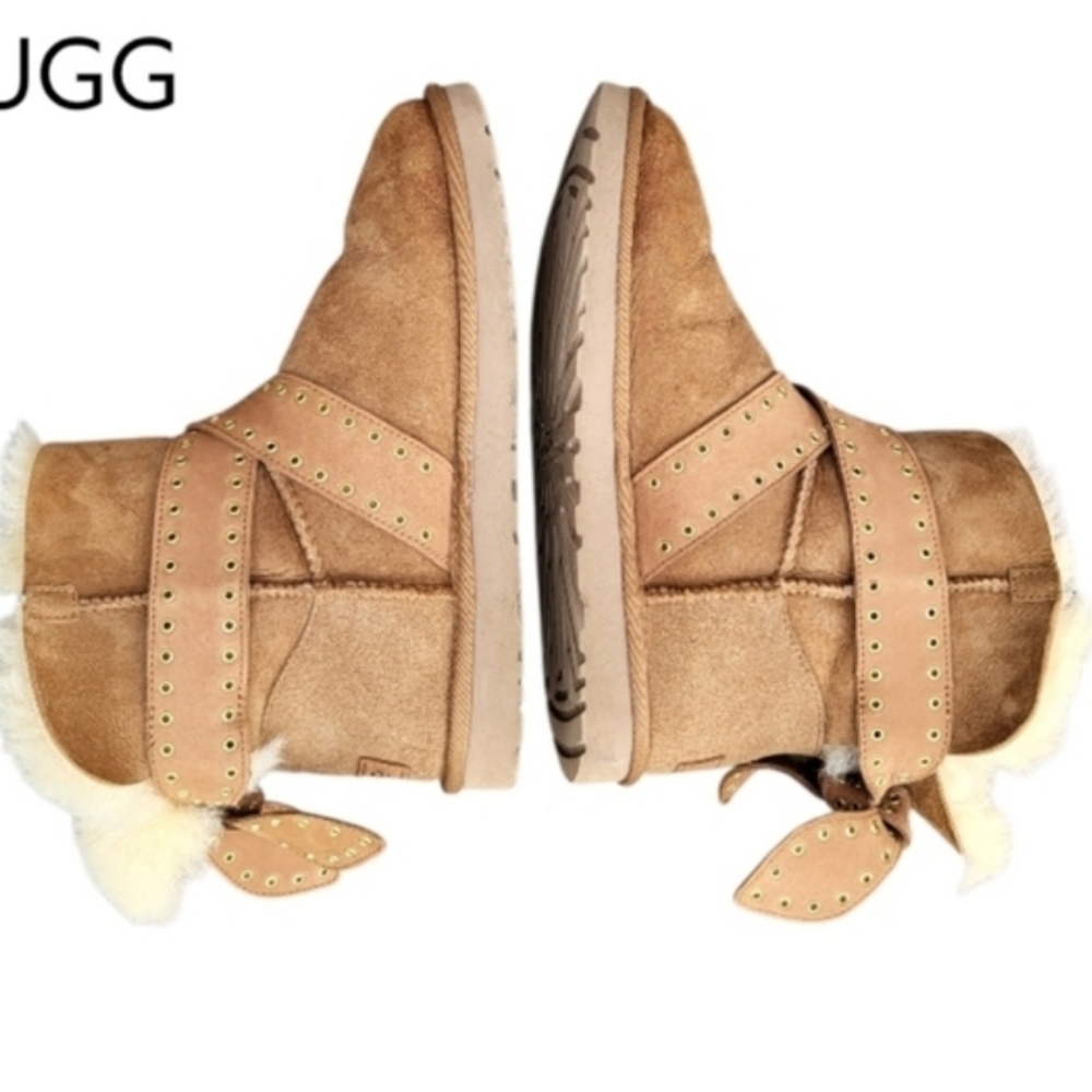 UGG Shearling Cameron Grommet Bow Chestnut Brown 6in Ankle Boot Winter Woman 9 - Picture 5 of 12